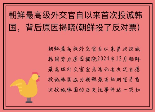 朝鲜最高级外交官自以来首次投诚韩国，背后原因揭晓(朝鲜投了反对票)