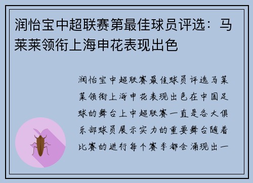 润怡宝中超联赛第最佳球员评选：马莱莱领衔上海申花表现出色