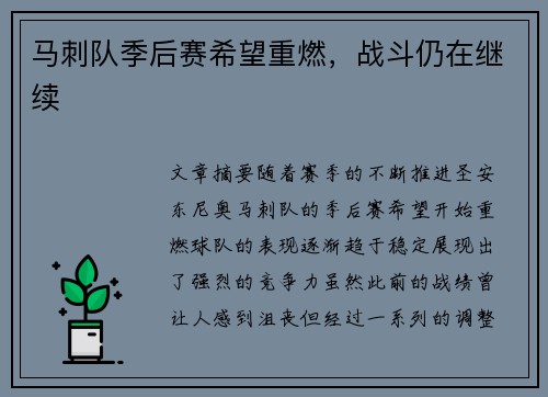 马刺队季后赛希望重燃，战斗仍在继续