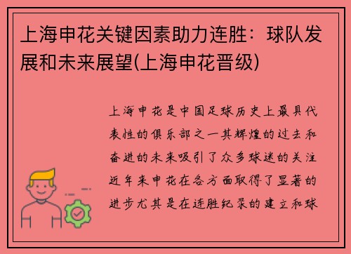 上海申花关键因素助力连胜：球队发展和未来展望(上海申花晋级)