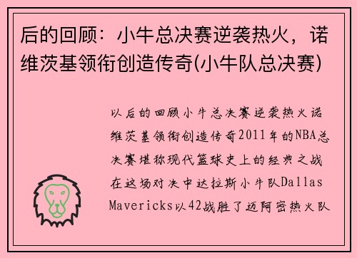 后的回顾：小牛总决赛逆袭热火，诺维茨基领衔创造传奇(小牛队总决赛)
