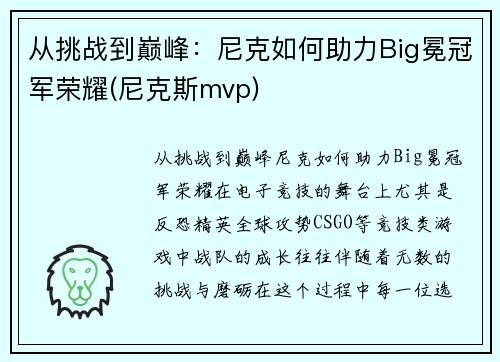 从挑战到巅峰：尼克如何助力Big冕冠军荣耀(尼克斯mvp)