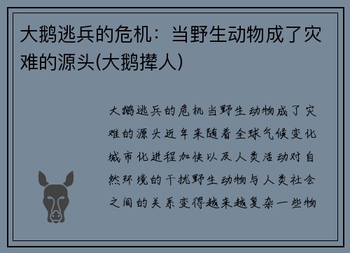 大鹅逃兵的危机：当野生动物成了灾难的源头(大鹅撵人)