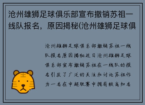 沧州雄狮足球俱乐部宣布撤销苏祖一线队报名，原因揭秘(沧州雄狮足球俱乐部引援)